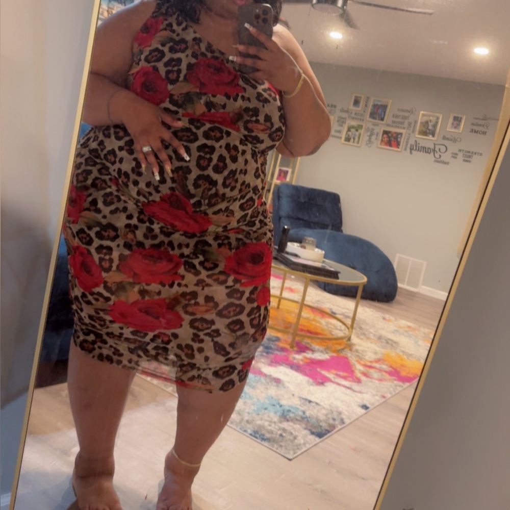 Fashion Nova One Shoulder Leopard Dress with Red Floral Design